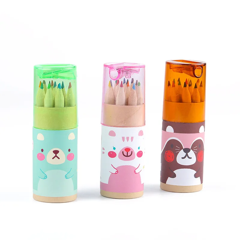 12 color children's log cartoon Mini Bear barrel color pencil drawing brush