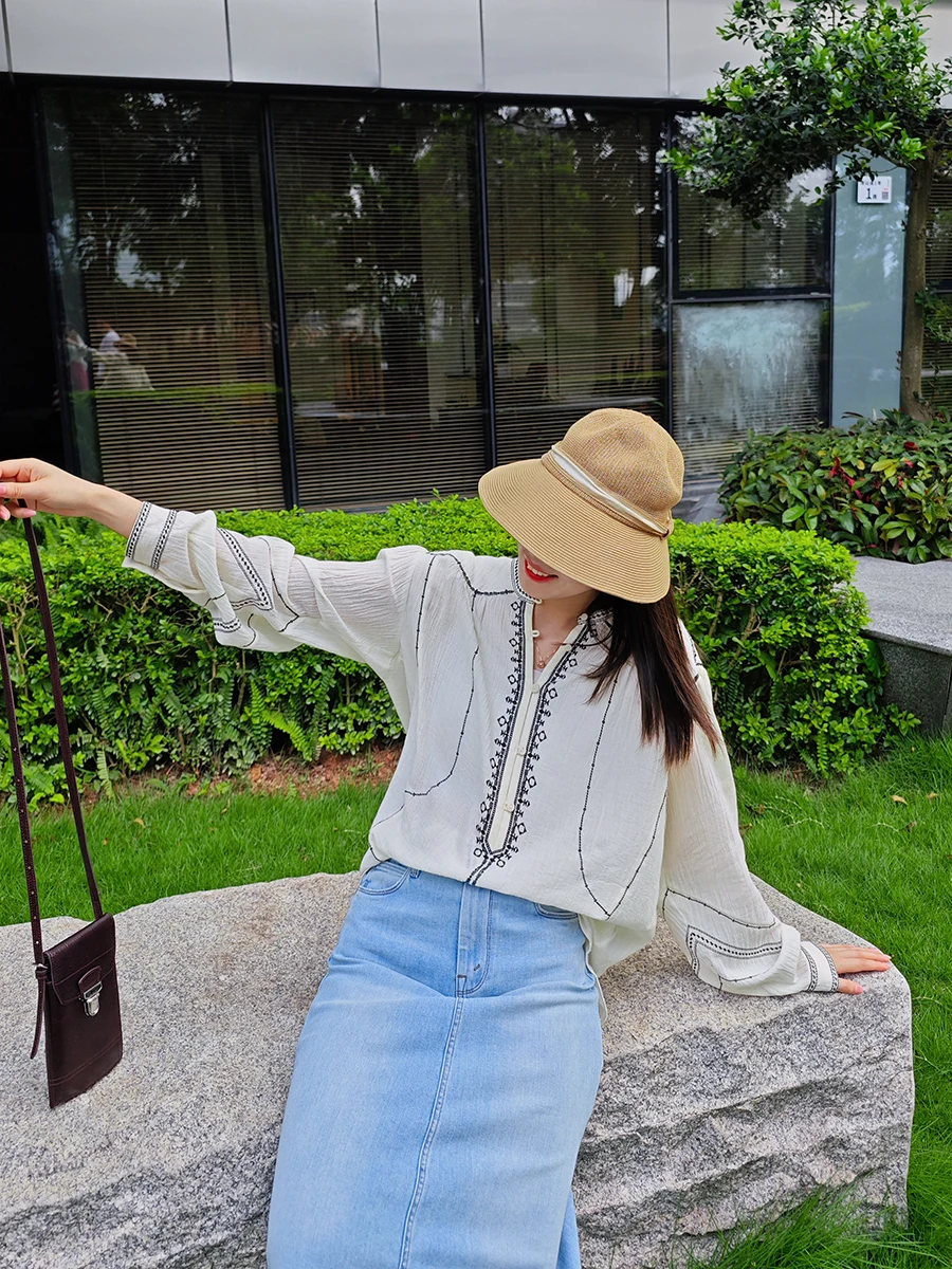 

Хлопковая вышитая рубашка Ele: комфортная, легкая, свободного кроя, с круглым вырезом, для женщин, в стиле «Poetic ape»