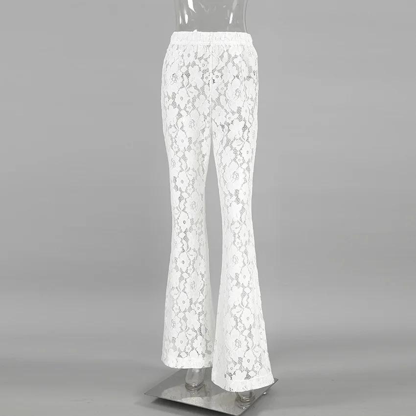 DSMTRC-Pantalon évasé en dentelle pour femme, mince, solide, taille haute, long, transparent, sexy, fête, élégant, blanc, fjSpring, mode 2024