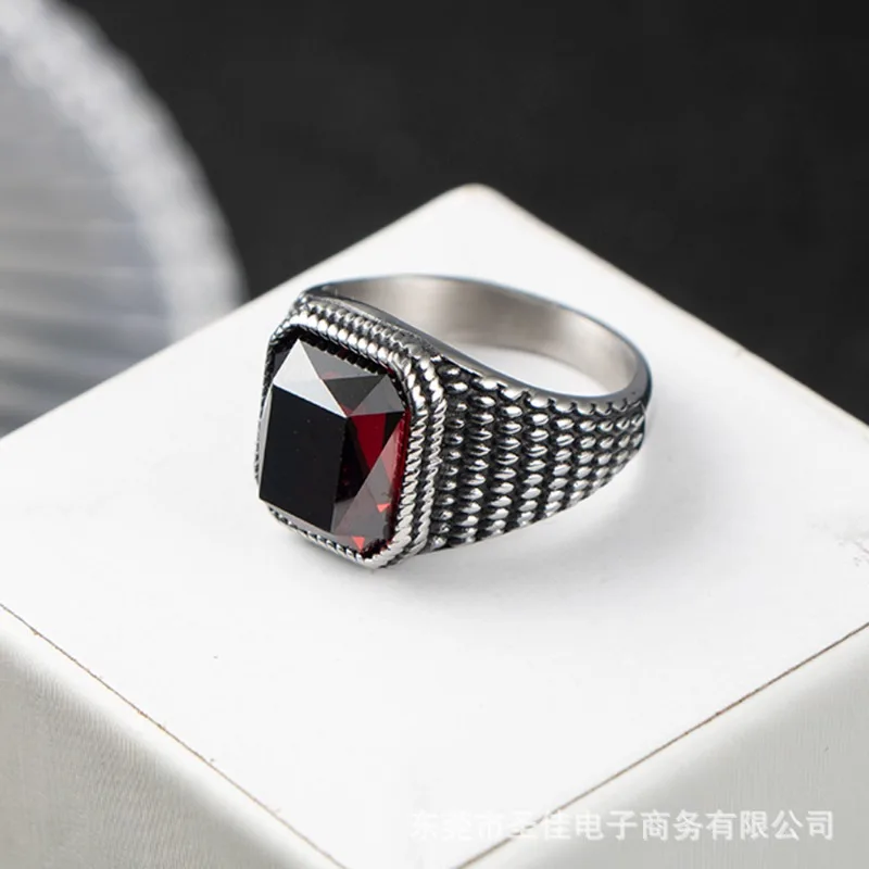 خاتم الزركون من الفولاذ المقاوم للصدأ للرجال، مجموعة الحجر خاتم مجوهرات من الصلب والتيتانيوم عتيق من الياقوت SA1152