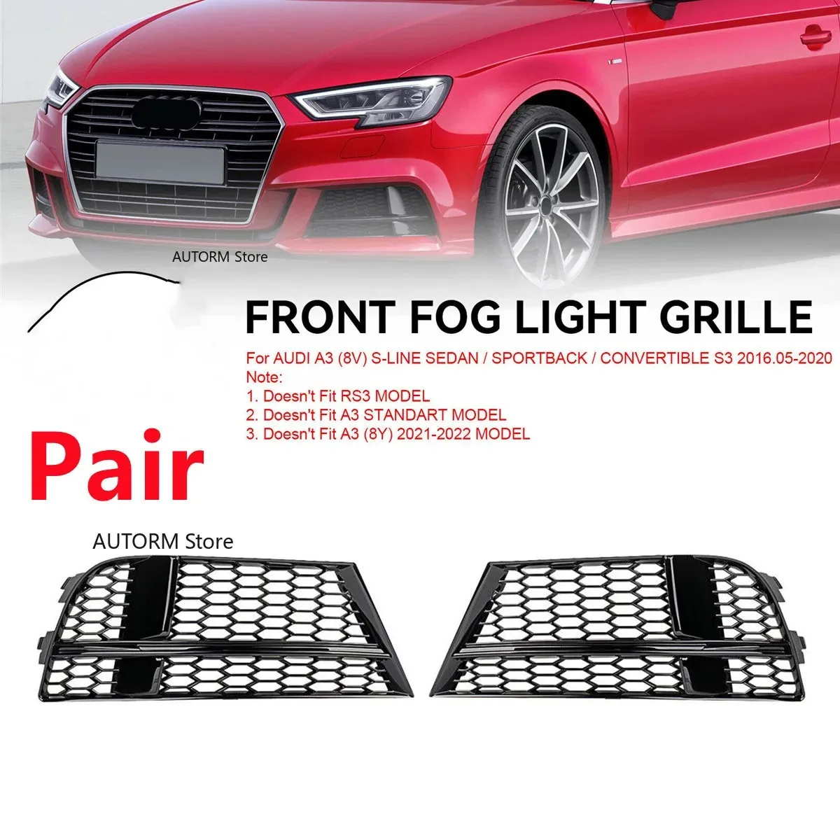 

Pair Honeycomb Front Bumper Fog Light Cover For AUDI A3 8V S-LINE SEDAN SPORTBACK CONVERTIBLE 2017 2018 2019