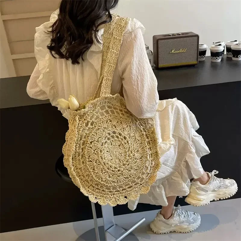 Hand-woven paper rope tote bag with floral pattern large capacity beach shoulder bag for women seaside vacation view 3