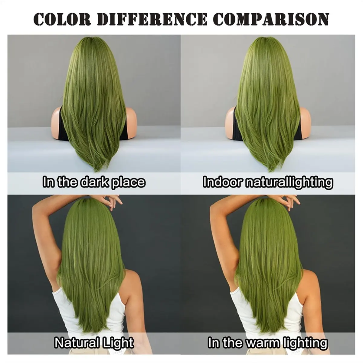 

*A91P Wig Long Straight Green Synthetic Wig with Bangs Layered Straight Medium Long Anti-Heart Women Party Cospaly Wig(24Inch)