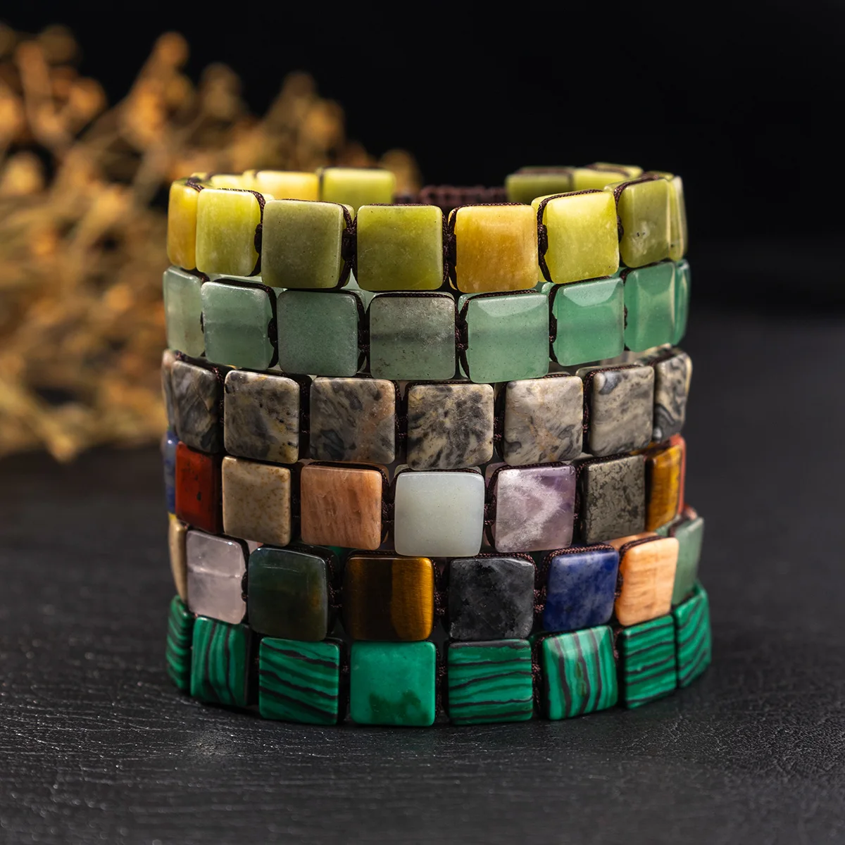 10mm Natural Square Stone Bead Woven Stretch Bracelet Multi-Color Gemstone Adjustable Bangle for Men Women Daily Wear Jewelry