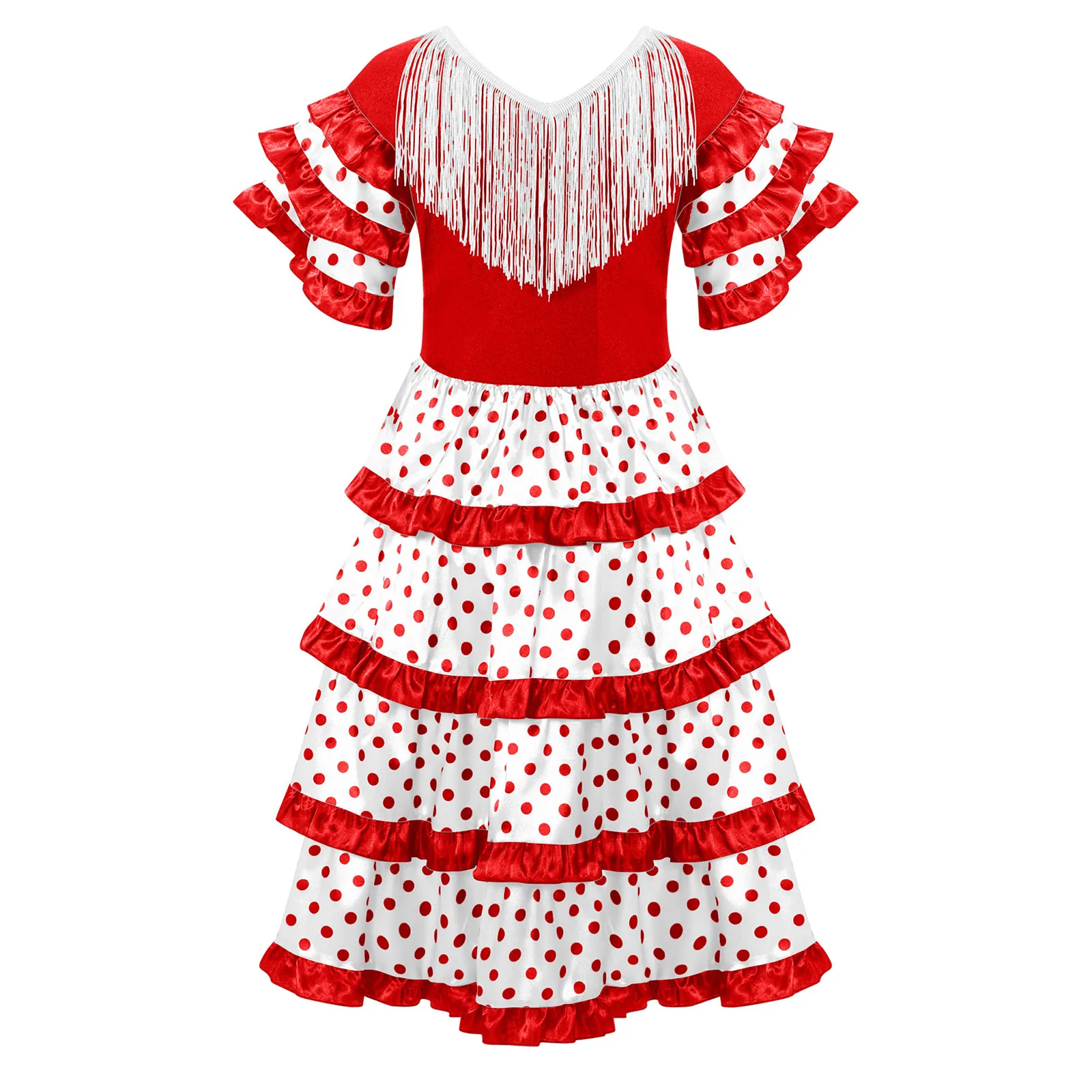 Kids Girls Spanish Flamenco Dress Gypsy Style Dance Performance Costume Tassels Short Sleeve Tiered Ruffles Dots Dress Halloween