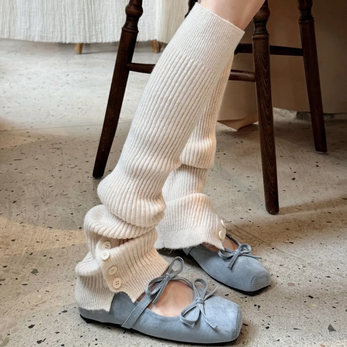 2026 Autumn and Winter Button Leg Warmers Korean Vertical Striped Leg Cover Calf Socks Knitted Foot Cover Leg Warmers Stockings