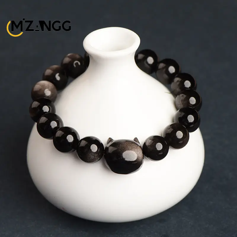 Natural Obsidian Bracelet Gold and Silver Obsidian Cat PiXiu Beads Strings Hand-carved Luxury Jewelry Lucky Amulet Men and Women