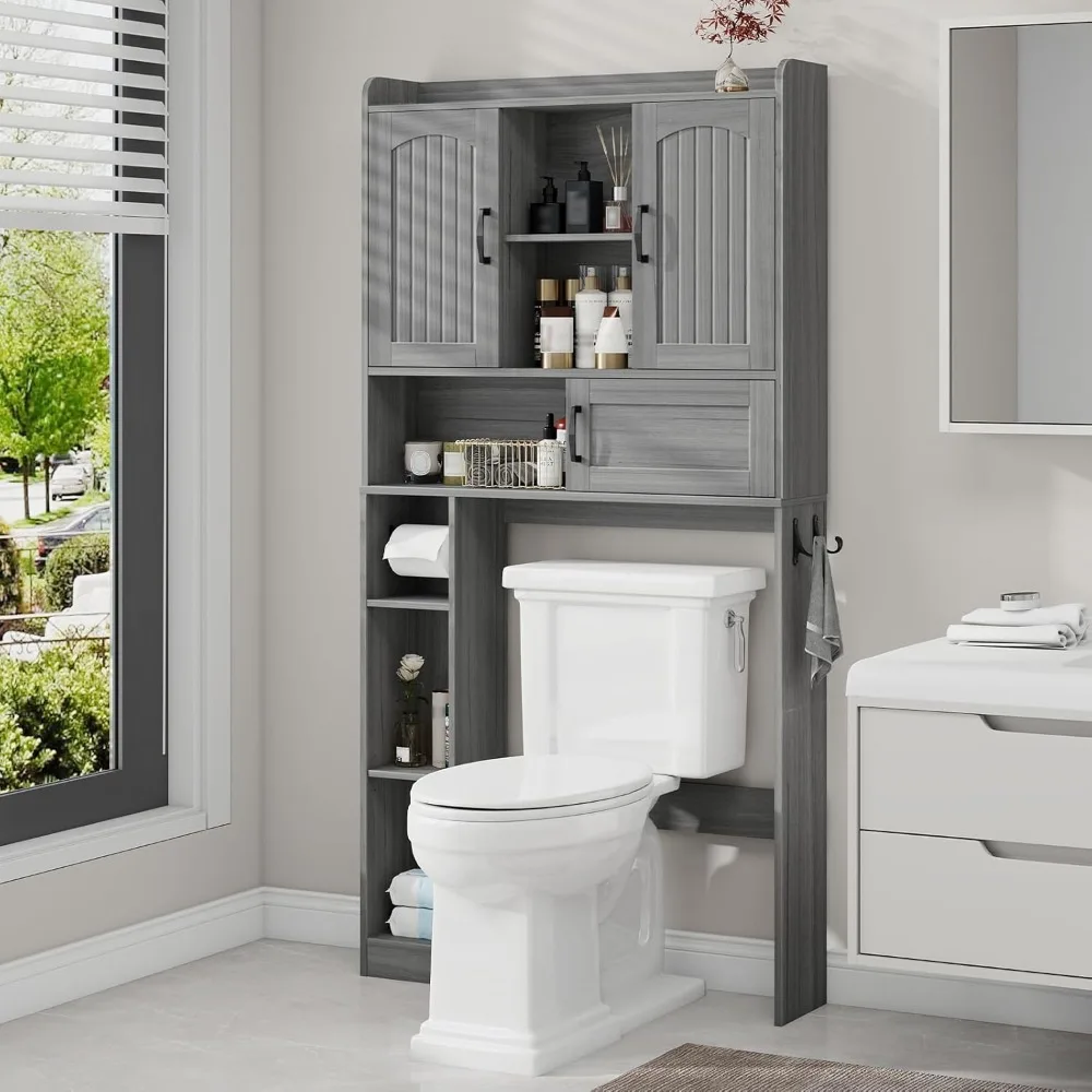 

Over The Toilet Storage Cabinet with 2 Barn Doors & Sliding Door, Over The Toilet Bathroom Organizer with Open Storage