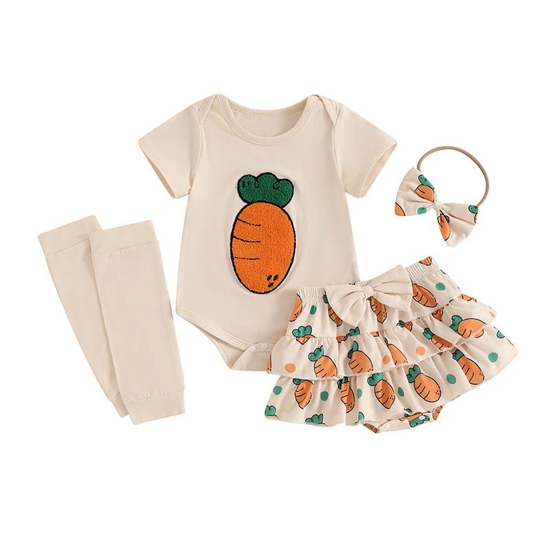 

Baby Girl Easter Outfit Carrot/Bunny Embroidery Short Sleeve Romper with Ruffled Shorts and Bow Headband and Socks