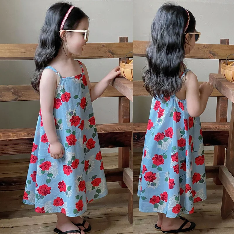 Girls Korean Summer Dress Girls Halter Dress Pommel Skirt Girls Summer Sleeveless Beach Dress Children\'S Dress For 3-8Y