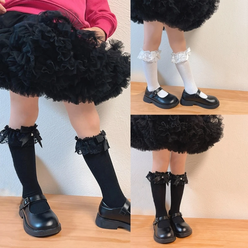 Girls Lace Edged Long Socks with Bows Beaded Embellishments, Fashionable Infant Baby Calf Length Socks Lovely Footwear