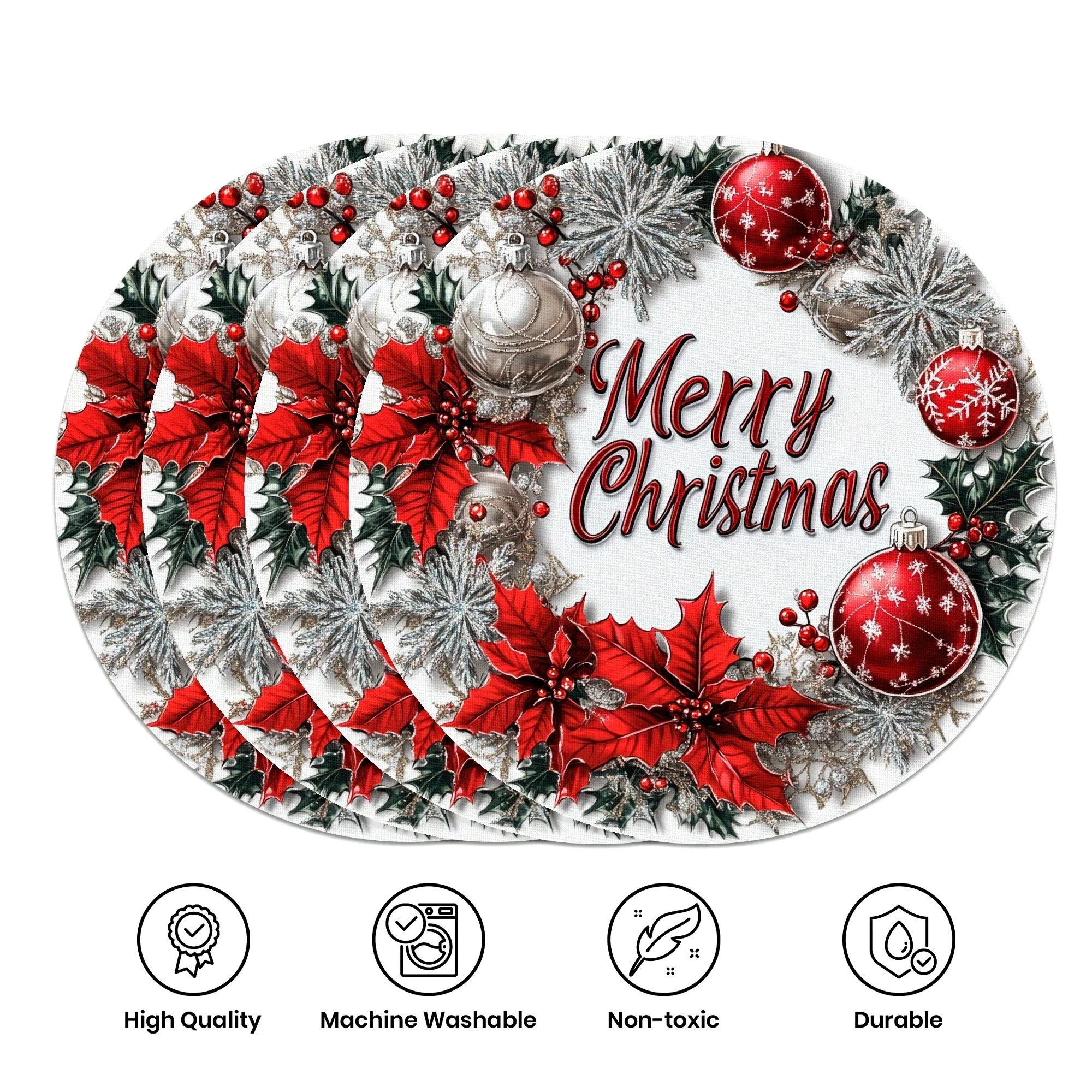 VIKAMA 4-Piece Christmas Placemats with Snowflake Wavy Edges - Round Family Gathering Christmas Table Decor and Accessories