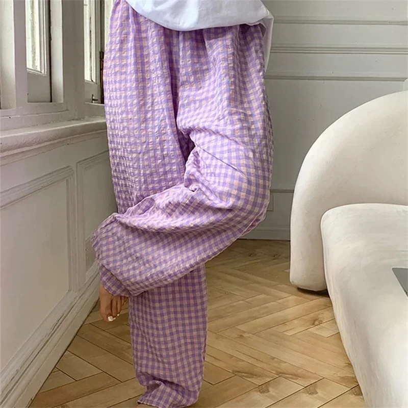 Oversized Plaid Pants Wide Leg Pant for Women Casual Loose Elastic High Waist Trousers Harajuku Female Home Clothing sweatpants