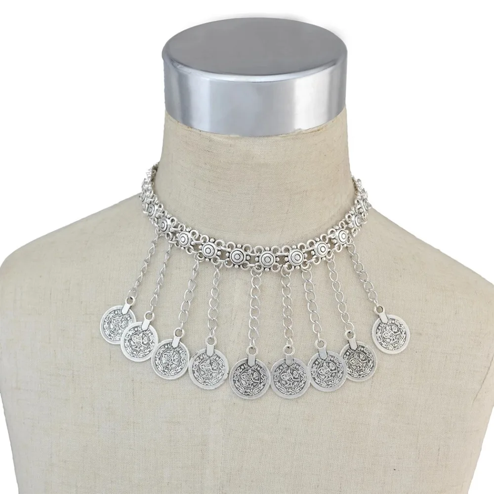 Afghan Turkish Long Coin Choker Necklace For Women Vintage Hollow Flower Bib Chain Summer Beach Bijoux Femme Collares Jewelry