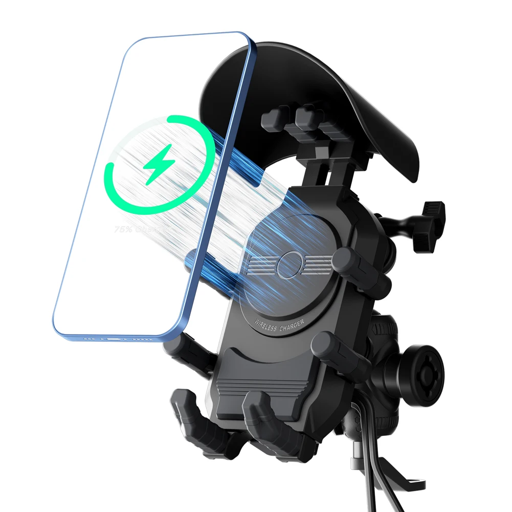 Smartphone Handlebar Mount 15W Wireless Charger Shockproof Bike Cellphone Support Anti-Theft Motorbike Phone Bracket Waterproof