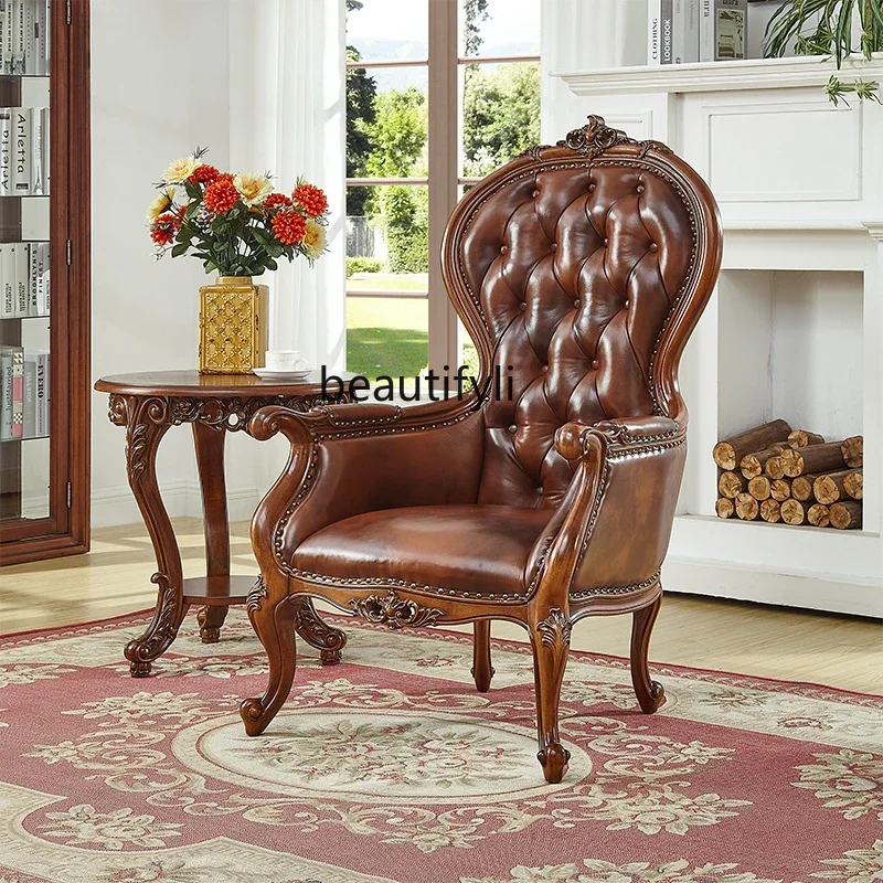 

xzAmerican Country Wooden Lounge Genuine Leather Study Chair Reception Chair Single-Seat Sofa Balcony Leisure Chair Armchair