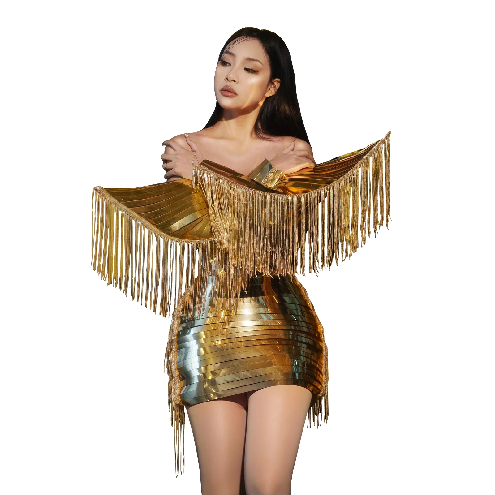 Stylish 2-piece gold dress birthday party DS stage designer sparkly fringe faux diamond sexy club costume drag queen costume