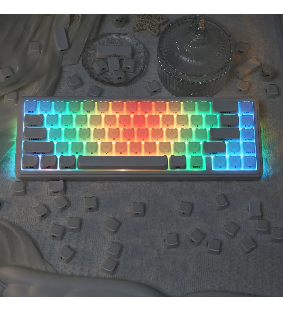 Cat head jelly side engraved keyboard keycaps high value cute personality a complete set of 68/75/87/108 keys