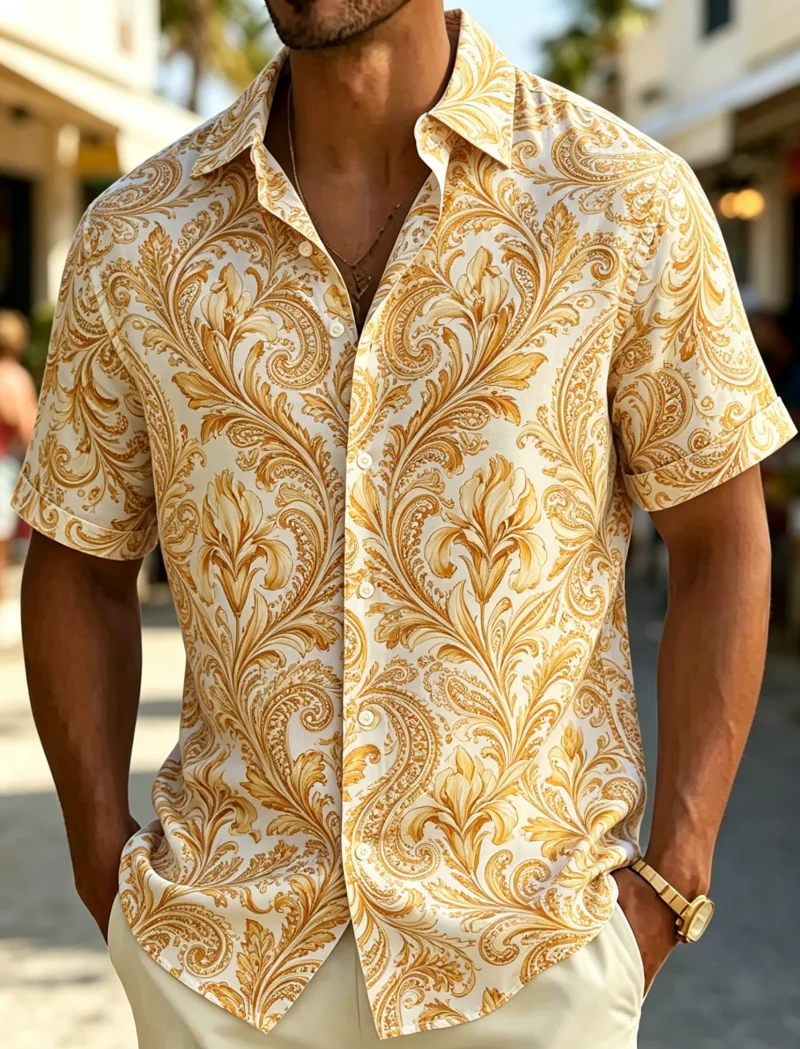Men's Vintage Paisley And Ornate Floral Print Casual Shirt, Breathable Top For Summer Vacation Party Travel And Daily Wear