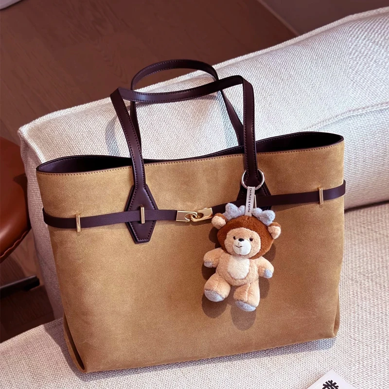 

Vintage Faux Suede Tote Bags For Women Luxury Designer Handbags Purses 2025 New In Belt Buckle Large Capacity Underarm Shoulder