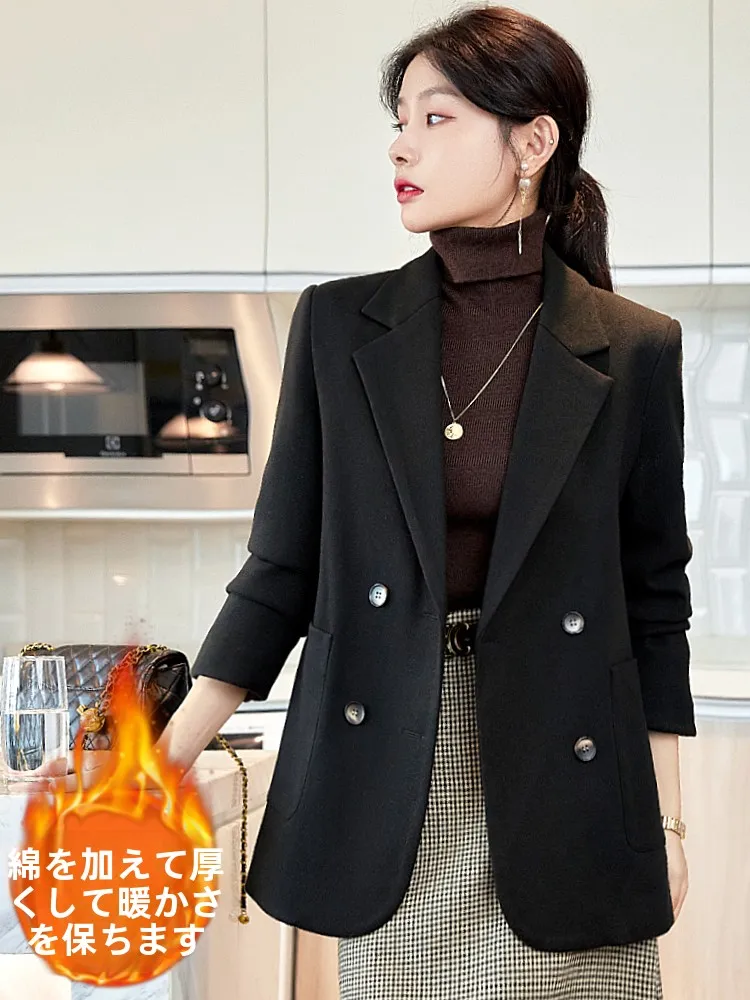 Black Woolen Suit Jacket Women Winter Thick Casual plus Size High-End Cotton Thickened Woolen Coat Elegant Business Wear