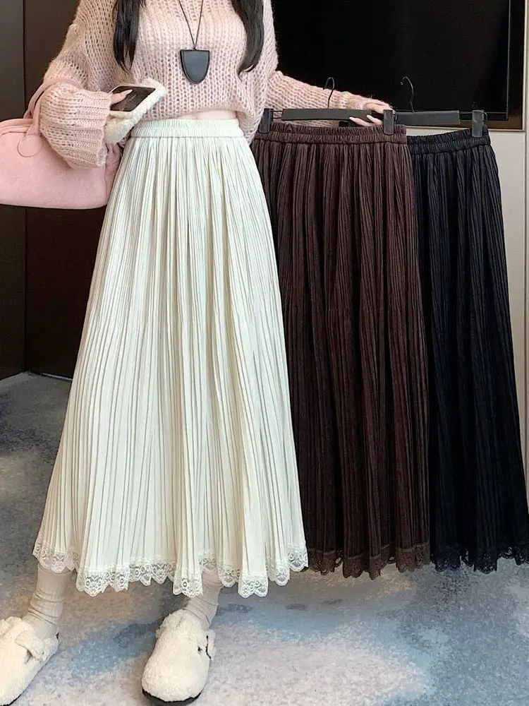 女性の秋冬レースパッチワークベルベットミディスカート女性のエレガントカジュアルハイウエストソリッドカラーAラインファルダス