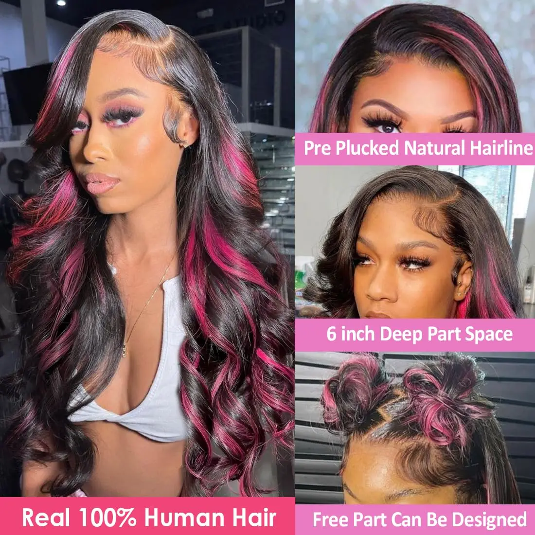 

Парик из натуральных волос 1B/Pink Ombre 13x6 HD Lace Front, предварительно проработанный, с эффектом Body Wave, плотность 250%, с мелированием, розово-черный цвет
