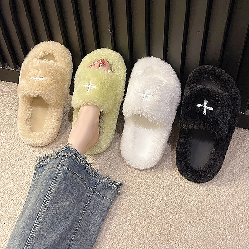 Women Fur Slippers New In Warm Fluffy Casual Outdoor Plush Shoes Fashion Flat-bottomed Plush Slippers Women Shoes Slippers Flat