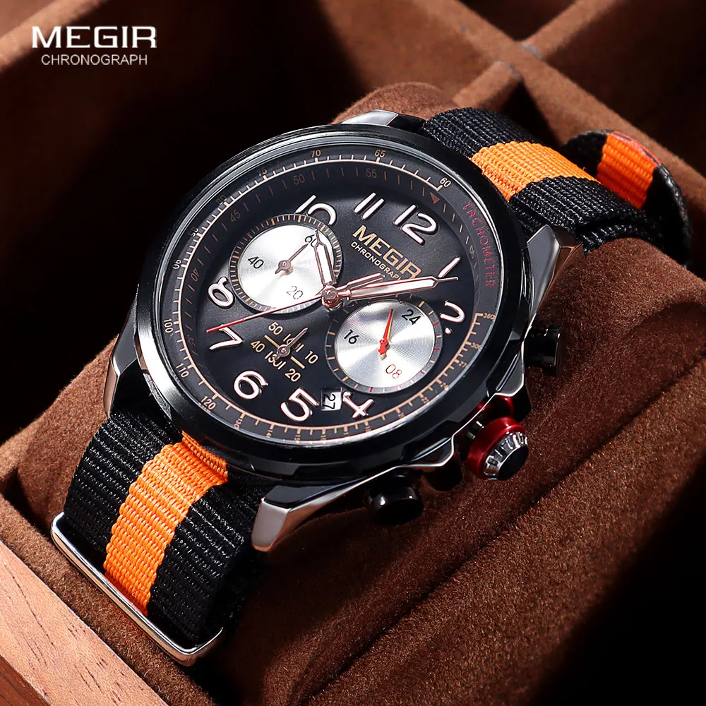 

MEGIR Casual Sport Watch for Men Fashion Chronograph Quartz Waterproof Wristwatch with Canvas Silicone Strap Date Luminous Hands