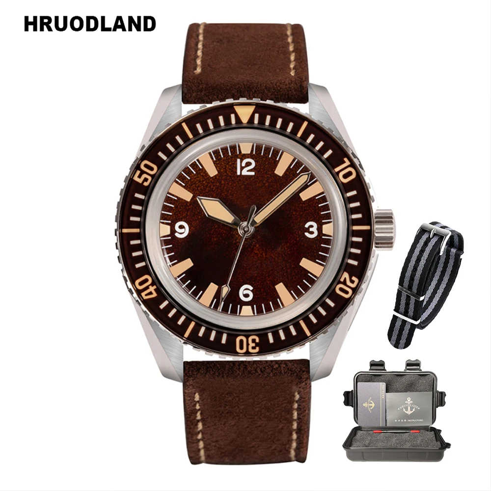 Hruodland F025 Retro Sport Herenhorloge HZ2565 Automatisch Mechanisch RVS Lederen Band Duikhorloge herenhorloge voor mij