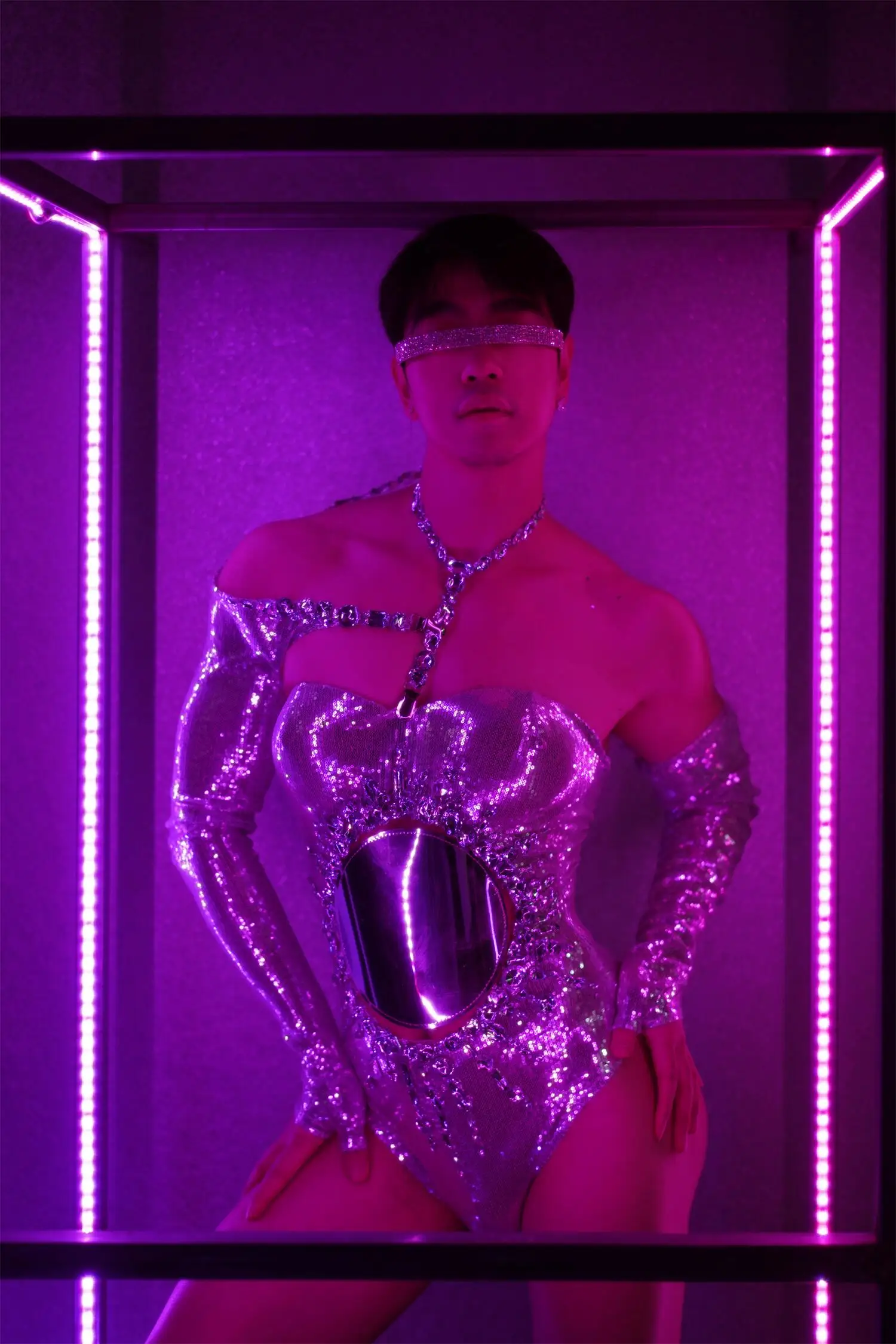 Men Sparkly Silver Crystals Bodysuit Woman Sexy Birthday Celebrate Latin Dancer Leotard Drag Queen Costumes Stage Wear Yueqiu
