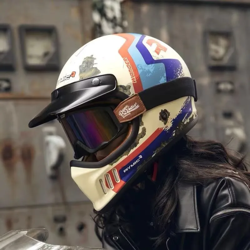 RYMIC Vintage Motorcycle Helmet Casco Casque Moto Retro Helmets Motorbike Riding Full Face Helmet For Motocross Off-Road