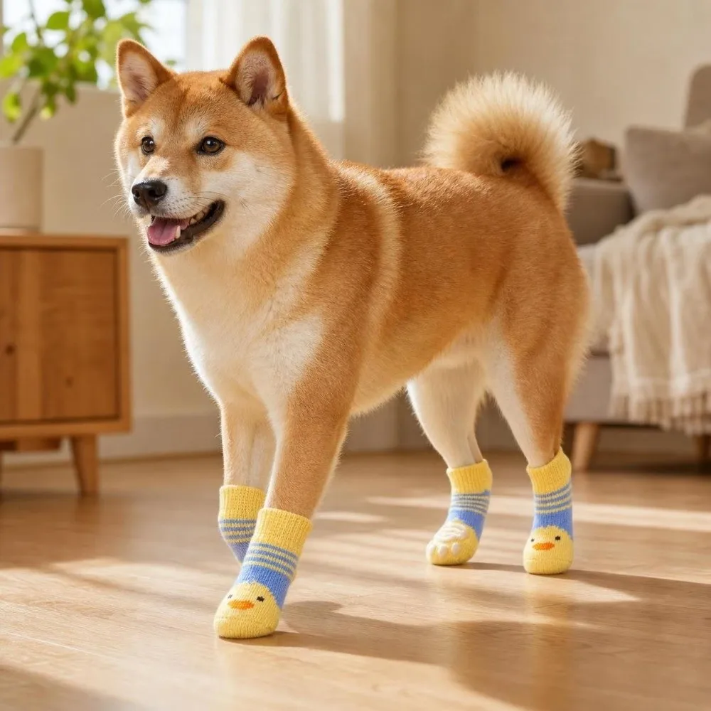 8pcs Cartoon Pattern Puppy Socks Scratch-proof Stain-resistant Pet Anti-Slip Socks Anti-Slip Sole Dog Paw Protector For Dog Cat