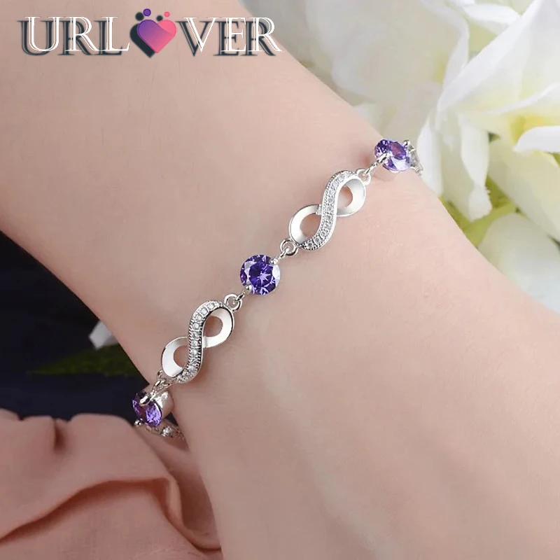 

URLOVER Authentic 925 Sterling Silver Endless Love Infinity Chain Link Bracelet For Women Luxury Silver Jewelry Wedding Gifts