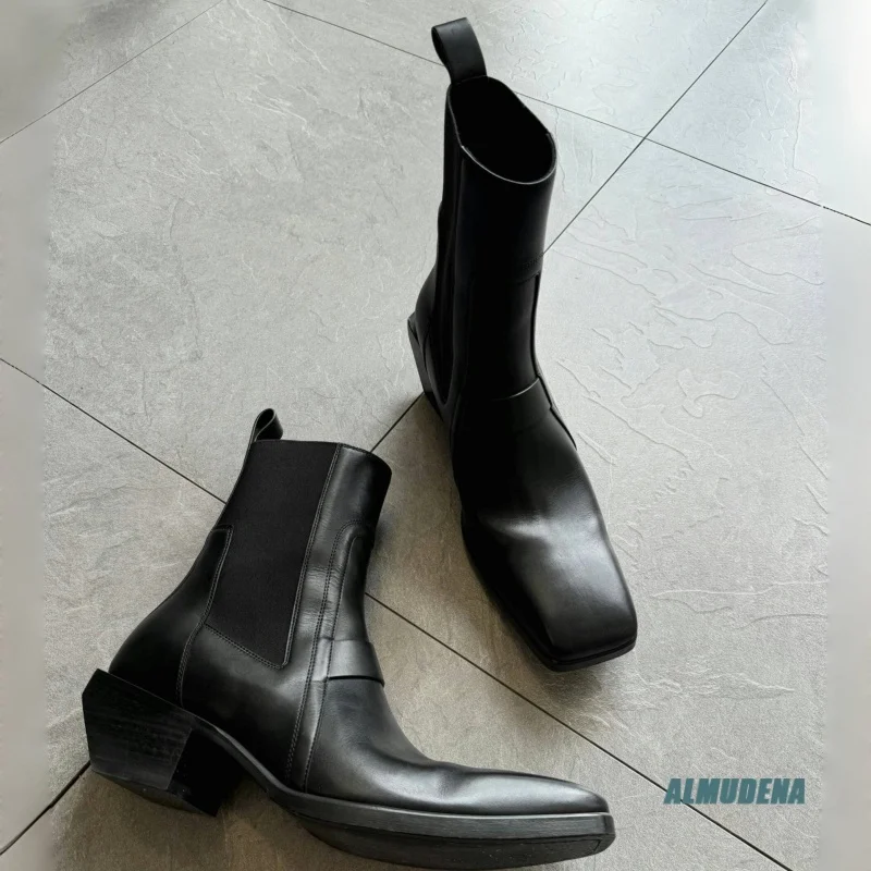 Square Toe Men's Black Leather Chelsea Boots Elastic Side Block Heel Classic Casual Business Formal Daily Commute Shoes view 5