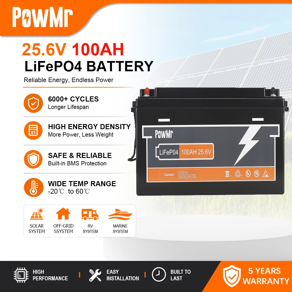 Batterie LiFePO4 PowMr 100AH 25.6V 2560Wh avec BMS 100A intégré, plus de 6000 cycles, batterie au lithium fer phosphate à décharge profonde pour applications solaires, VR, marine, voiturettes de golf, stockage d'énergie hors réseau, UPS