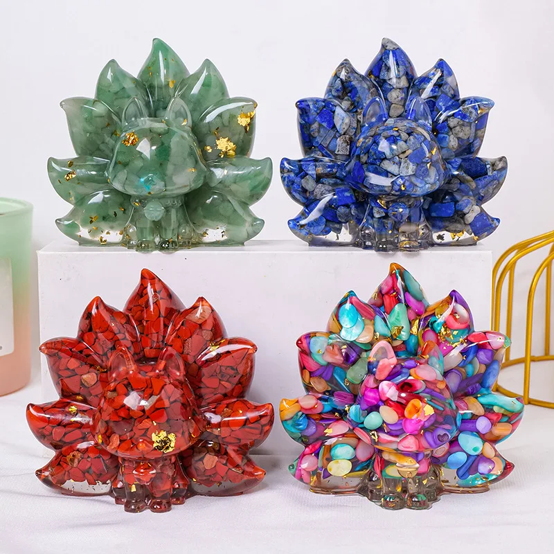 3D Crystal Nine Tailed Fox Resin Casting Statue Colorful Gemstone Animal Figurine Desk Ornament Healing Stone Sculpture Gift