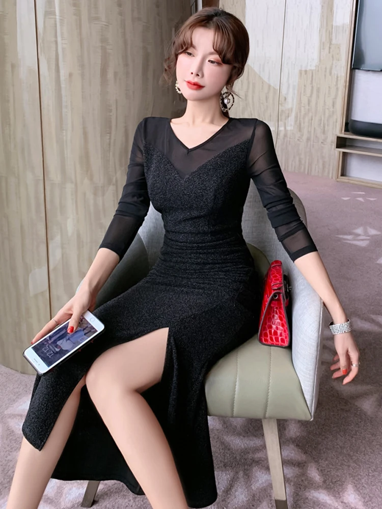 Elegant เซ็กซี่ชุดราตรีอย่างเป็นทางการผู้หญิงสีดํา Sheer ตาข่ายผ้าไหม Skinny Slit Fishtail Robe Femme Club Party Vestidos ฤดูใบไม้ผลิ