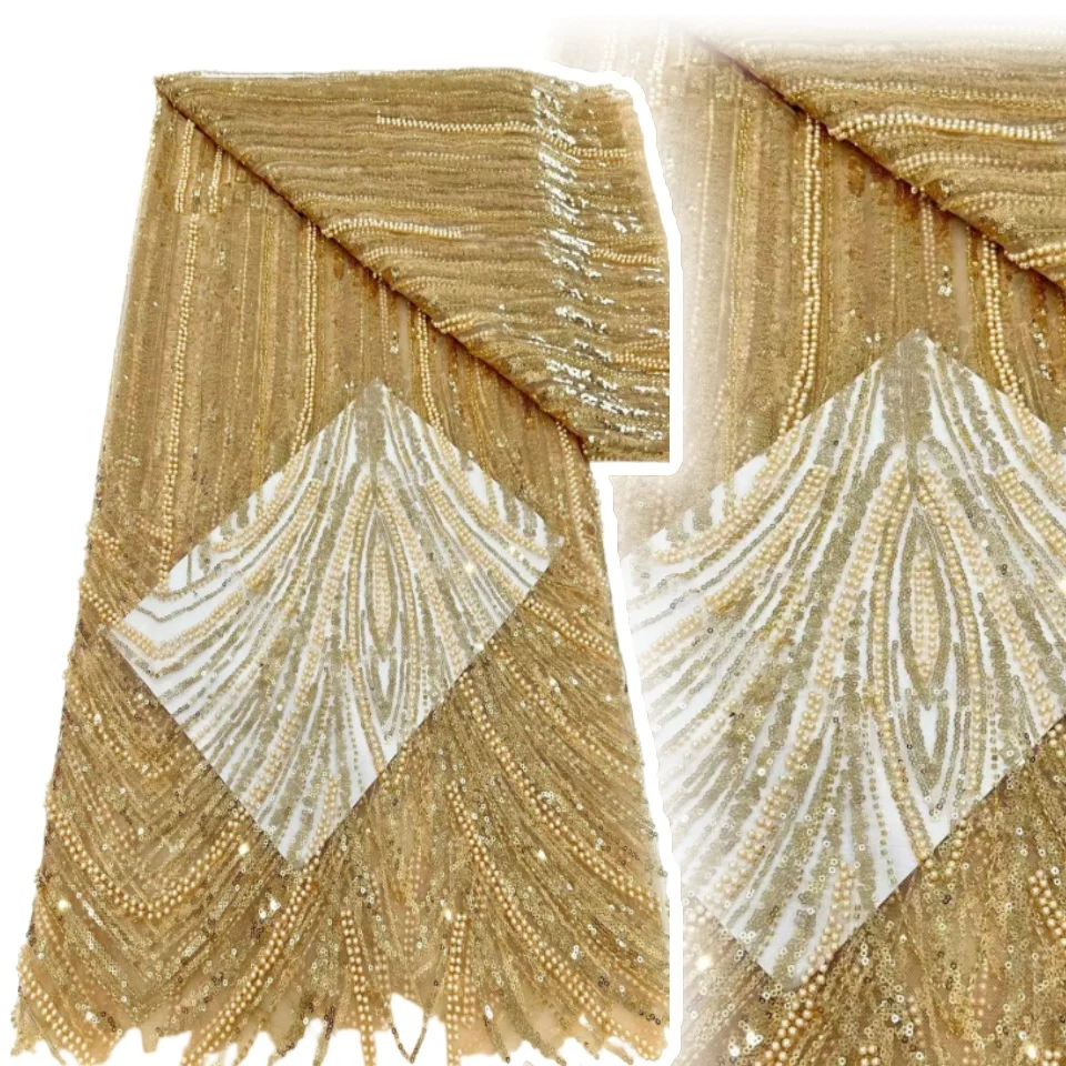 

Elegant French Mesh Beads Embroidery High Quality Sequins Lace Fabric African Nigerian Tulle Lace Fabric for Wedding Dress T1234