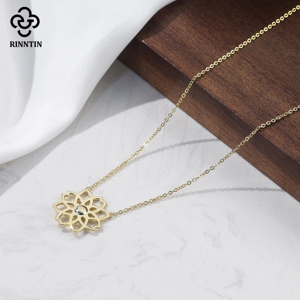 

Rinntin простое ожерелье с цветком, модное классическое геометрическое ожерелье из стерлингового серебра 925 пробы с текстурой, кулон с полым цветком, цепочка на ключицу GAN15