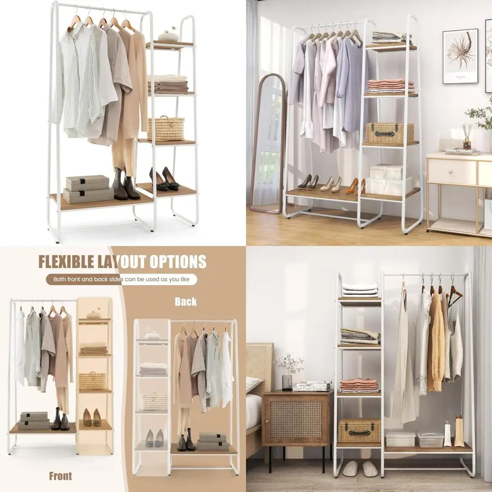 

standalone clothes rack with 5 shelves and hanging bar for storage and hanging