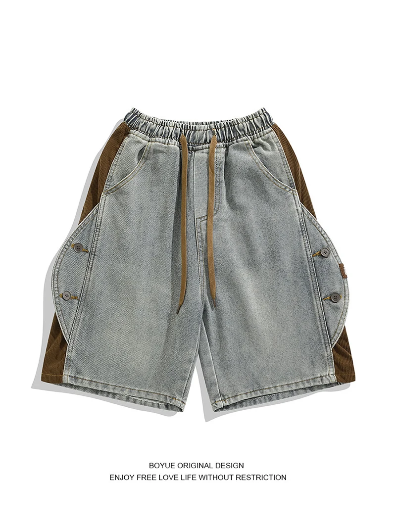 Retro Denim Shorts for Men's and Women's American Style Patchwork Elastic Waist Shorts Light Blue Casual Mid Length Pants