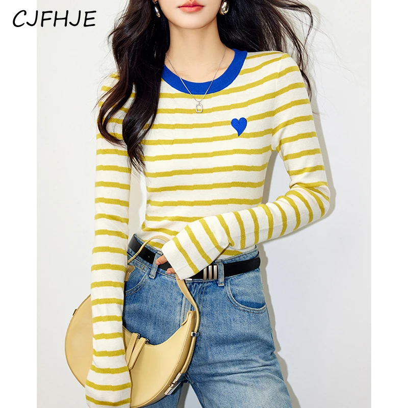 CJFHJE Spring Korean Fashion Slim Fit Women's Long Sleeved Knitwear Retro Classic Simple Striped Women Woolen Sweater Bottom Top