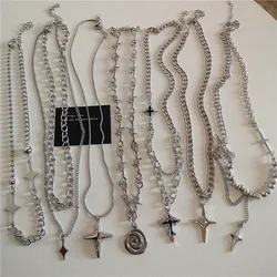 Punk Charm Vintage Star Cross Vortex Swirl Pendant Choker Necklace Women Men Goth Hip Hop Statement Grunge Jewelry Accessories