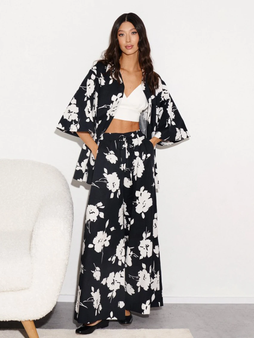 Mathaqiqi Casual Female Nightwear Set Turn-Down Collar Pajamas Three Quarter Sleeve Pyjamas Wide Leg Pants Printing Nightie Suit