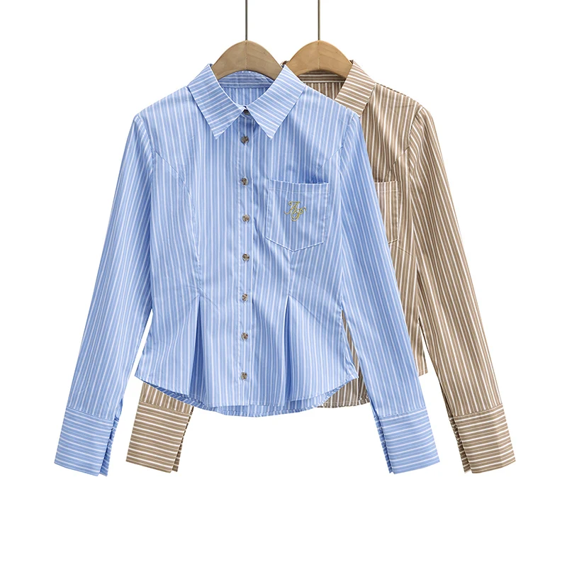 Vintage long sleeve tops woman 2024 Summer preppy shirts for women korean style clothes shirts blouses blue striped top mujer