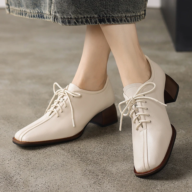 Women's New Spring and Autumn Square Head Genuine Leather Cowhide Middle Heel Retro Oxford Shoes Fashion Single Shoes