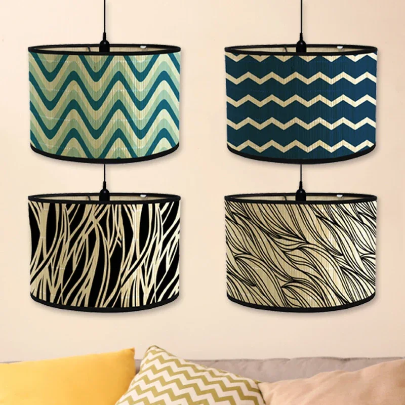 Retro Style Bamboo Lampshade Vintage Printed Chandelier Lamp Cover Cafe Japanese Bar Lounge Hotel Home Decor Light Accessories