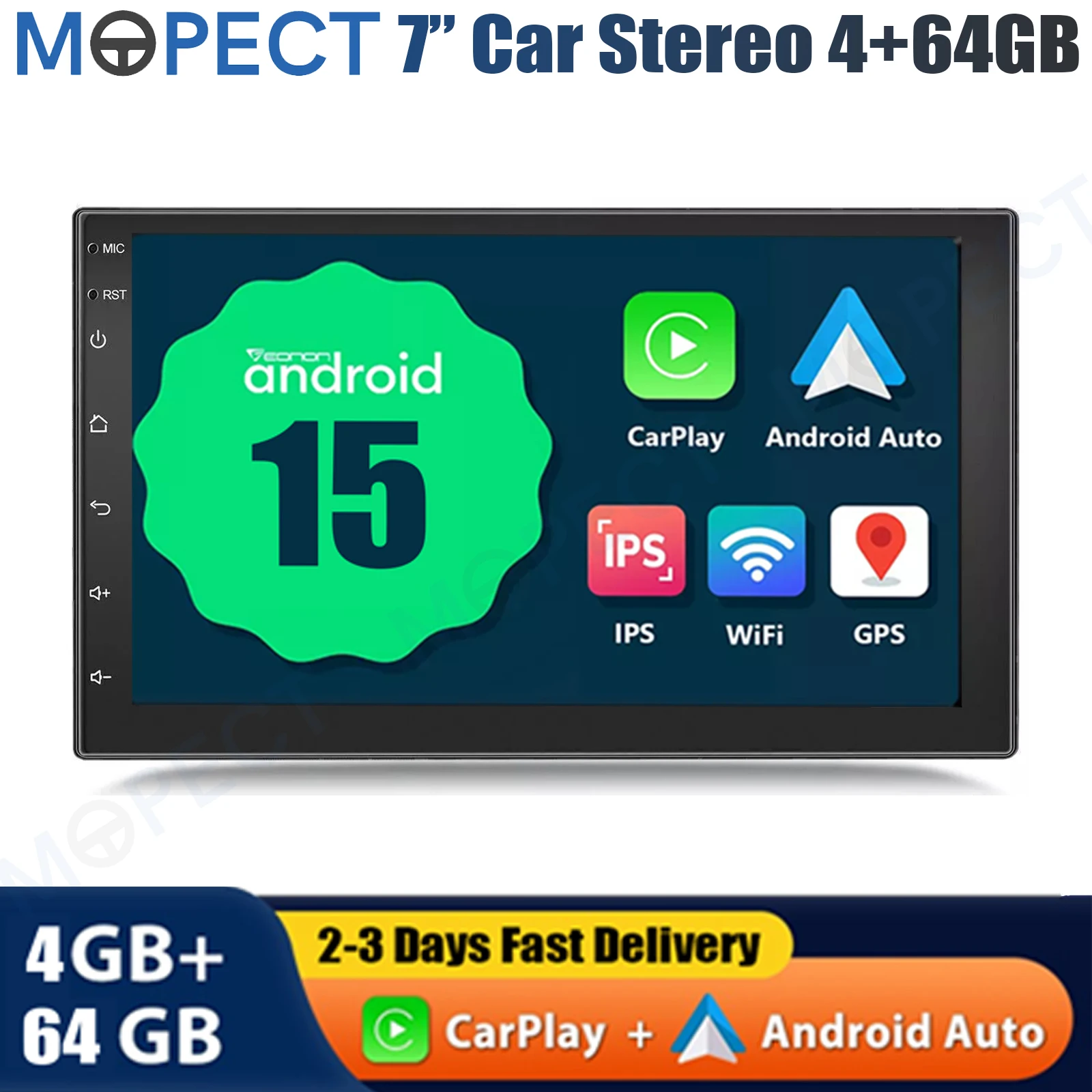 MOPECT 7 Inch Universele Autostereo Radio Dubbele 2 DIN Android 15 CarPlay 4+64G GPS Navigatie Touchscreen Bluetooth AM/FM SWC+DAB&AHD