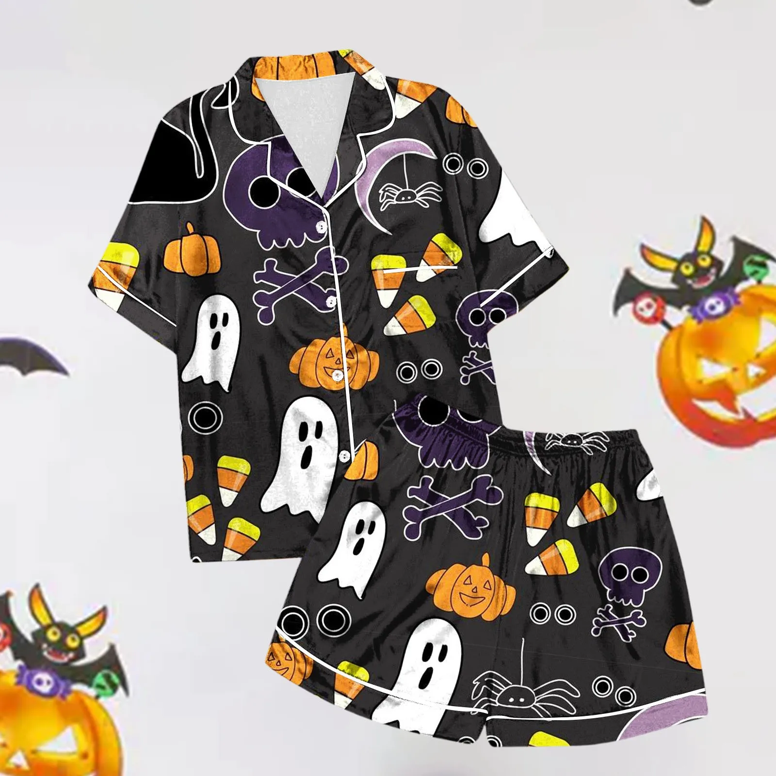 Short Sleeve Button Top Comfy Shorts Sleepwear Halloween Two Piece Pajama Set Women Ghost Pumpkin Graphic Short Pajamas Set